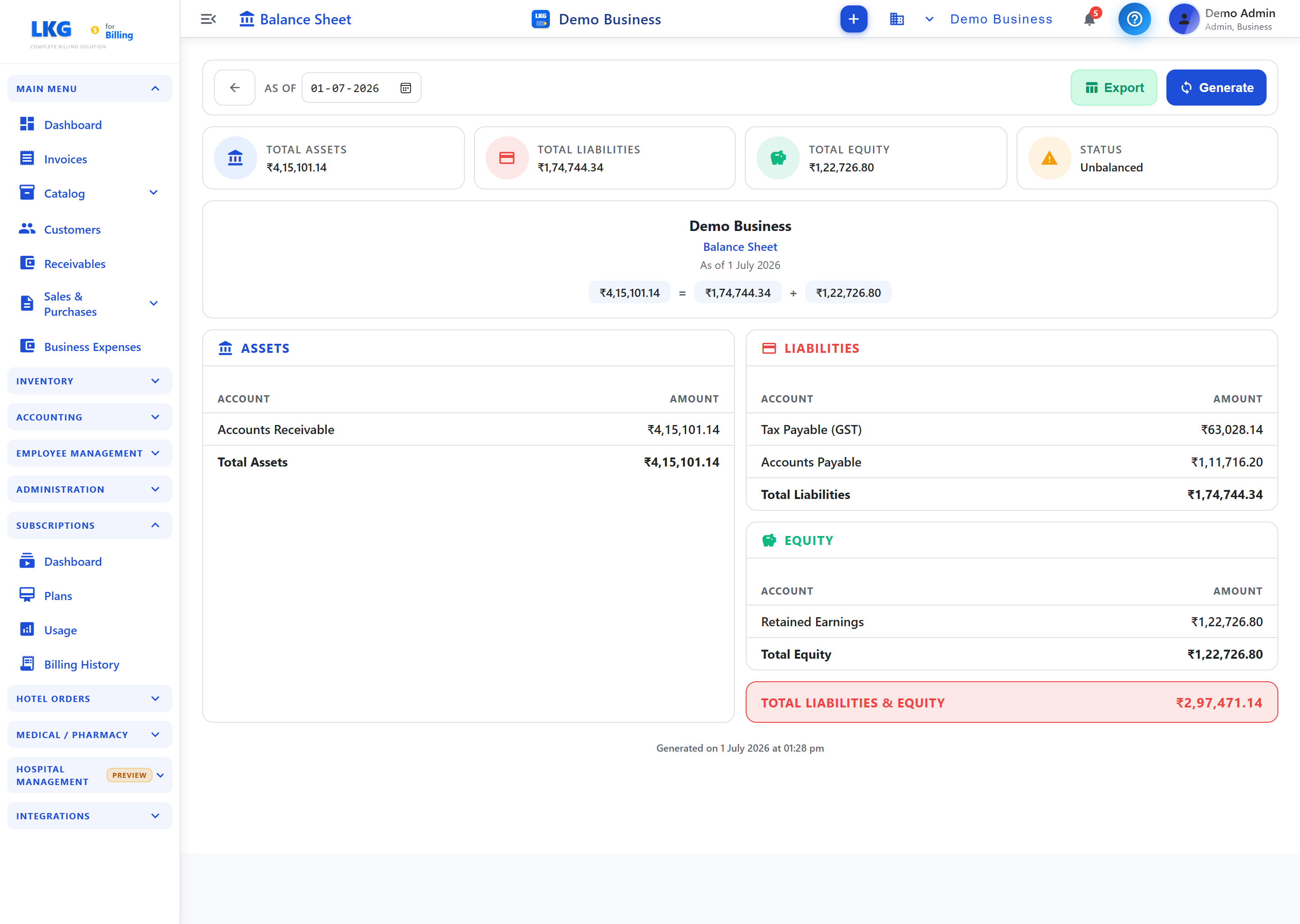 Balance Sheet Report